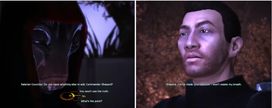 Figure 1. Two screenshots fromAn NPC asks “Do you have anything else to add, Commander Shepard?” and the options given are Mass Effect showing the moment before and after making a choice.labeled “You won’t see the truth,” “No,” and “What’s the point?” No m