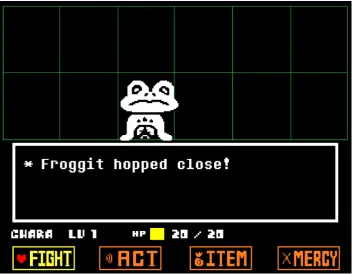 Figure 2. A screenshot from‘Froggit’ “hops close,” (note that aggression is implied via the convention of a random encounter but Undertale showing the ﬁrst random encounter of the game, in which anot via the game’s text)