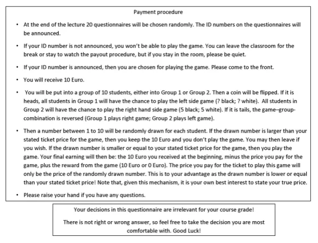 Figure 4: An example of the Questionnaire used in the experiment: the front