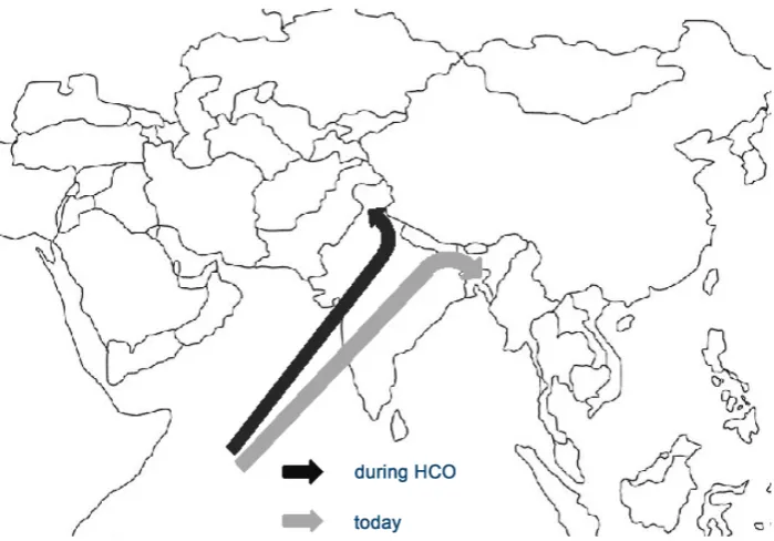 Figure 1. The suggested course of the Indian summer monsoon during HCO and at present