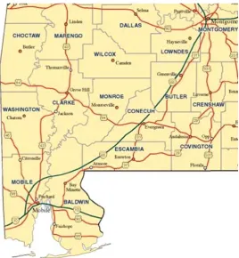 Figure 1. Map of contraflow evacuation in Alabama. 