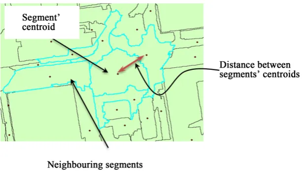 Figure 1. A segment, its representative point, and its neighboring segments.                 