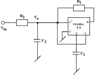 Figure 7. Band pass filter realized by the new grounded simulated inductor.  