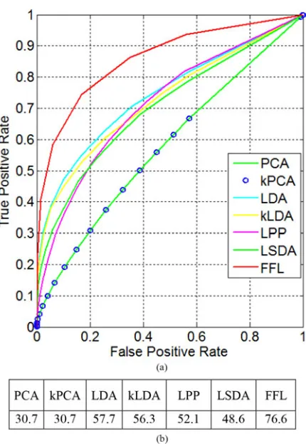 Fig. 14.Test results on PUBFIG wild faces. (a) TPR-FPR curves. (b) TPR atFPR = 20%.