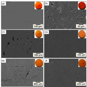 Figure 6. SEM micrographs of the produced copper base sintered compo-sites; where (a) Cu pure, (b) Cu/Gr one wt%, (c) Gr coated silver one wt%, (d) Cu/one wt% Di, (e) Cu/one wt% CF, (f) Cu/one wt% CF coated Cu
