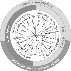 Figure 1. Circular motivational continuum of 19 values in the refined value theory [9] 