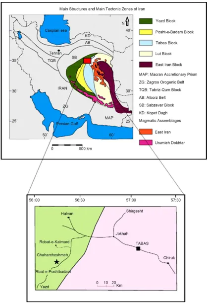 Figure 1. Major structural-depositional zones of Iran (Stöcklin & Nabavi, 1968) (reload by Nezafati, 2006) and geographical setting of the studied area