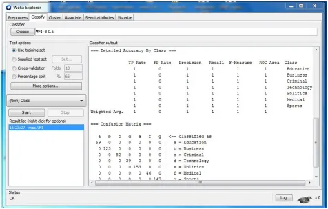 Fig. 3: Processing Of arff File By VFI Classifier, Test Mode: evaluate on training data   