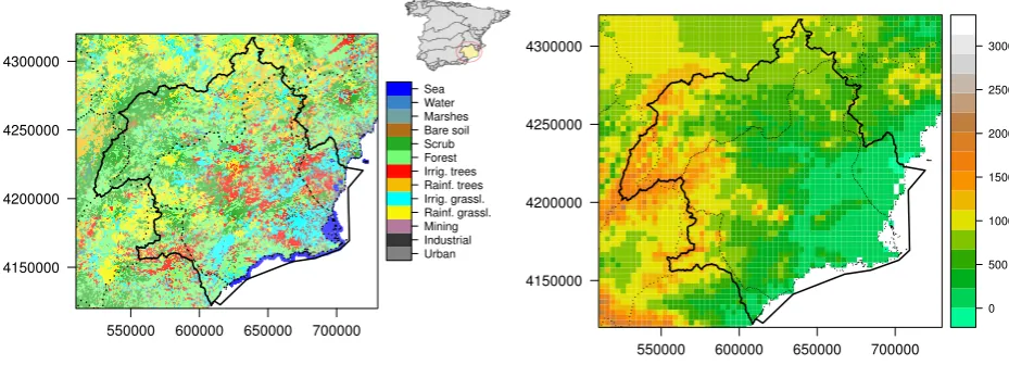 Figure 1. Land uses (left) and elevation (right) of the study area. Solid lines represent DHS boundariesand dotted lines province boundaries.