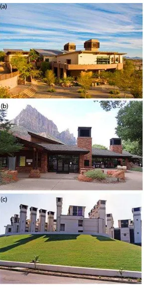 Fig. 9. Windcatchers in contemporary buildings: (a) Springs Preserve building in Las Vegas, USA; (b) Zion National Park Visitors Center in Utah, USA; (c) Torrent Research Center Building in Ahmedabad, India [65], [75] and [95]