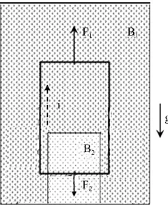 Figure 1. The SEO [1-3]. A type-II superconductor loop levitates under the effect of two magnetic fields B1 and B2 greater than its lower critical field (B1 > B2 in the figure and the fields point into the page)