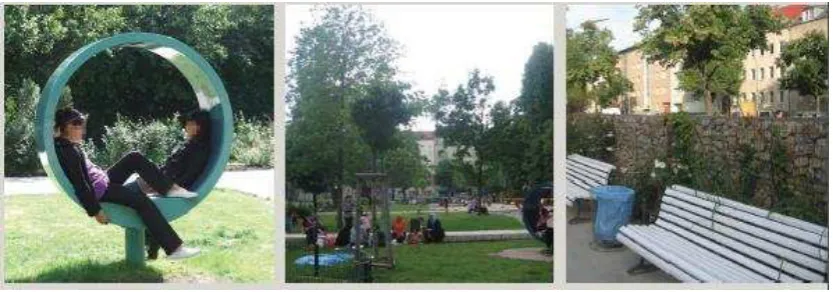 Figure 7 - Example of the soundscape intervention in Nauener Platz, Berlin (Germany), using a gabion wall (right) to protect park goers from noise around the playground area; audio islands (left 