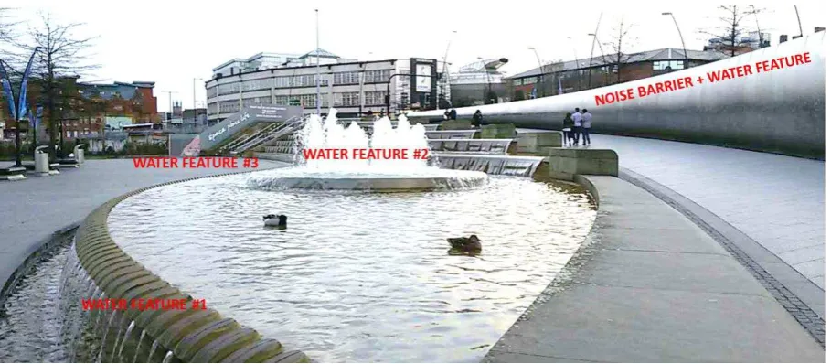Figure 8 - Example of soundscape intervention in Sheffield (UK), using water features for masking and noise barriers for sound level reduction 