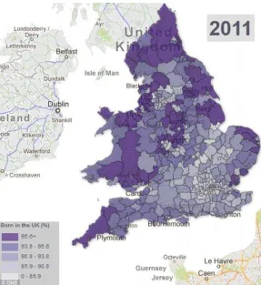 Figure 1: 2011 Census Map Analysis – Percentage of Respondents Born in the UK (Office for National Statistics) 