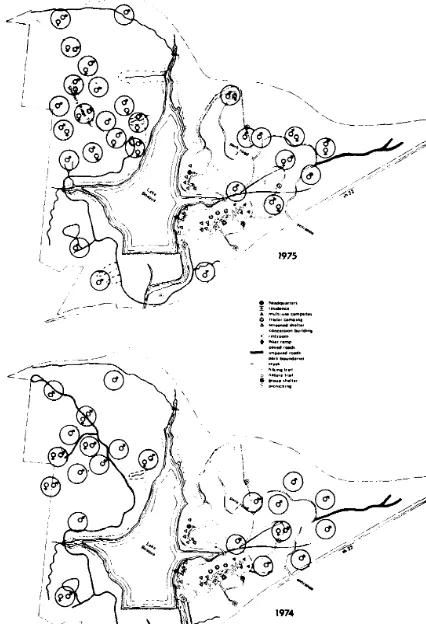 Fig. 8. Locations qf golden-cheek male territories during the 1974 and 1975 nesting seasons