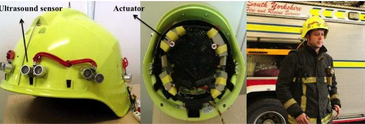Fig. 1. Our first generation ‘Tactile Helmet’ [3] was composed of a ring of ultrasound sensors and four actuators inside the helmet and was designed to help firefighter’s navigate inside smoked-filled buildings (see Bertram et al