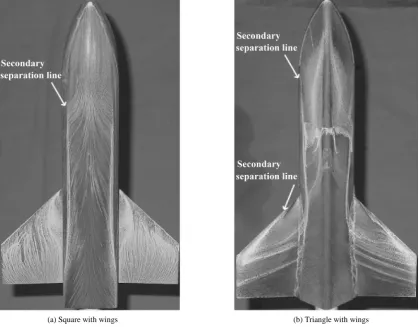 Figure 6. Oil flow visualization results of “Square with wings” and “Triangle with wings” at α = 30 deg