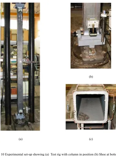 Fig. 10 Experimental set-up showing (a)  Test rig with column in position (b) Shoe at bottom of column (c) Sprung grip-frame to attach to LVDTs 