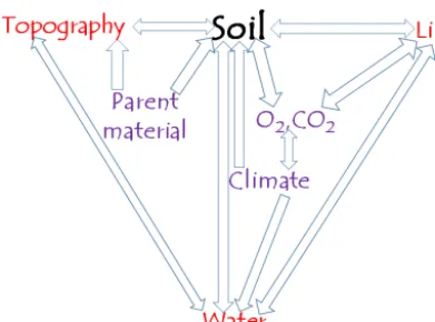 Figure 1. Inter-relationships between soil forming factors, ulti-mately controlled by parent material and climate, mediated by wa-ter, life and topography over a range of time and space scales.