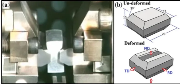 Fig. 1 (a) Specimen deformed inthe Gleeble machine and (b)tapered specimen before and afterdeformation (dimensions in mm)