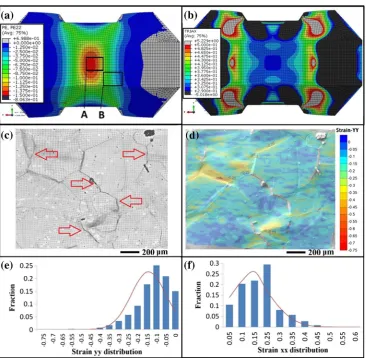 Fig. 7 (simulated stress triaxialitydistribution, (regions highlighted (a) Simulated εyy with twoA and B), (b)c) micrograph ofdeformed microgrids in region A,(d) measured εyy map over thedeformed microstructure inRegion A, (e) measured εyyhistogram and (f) εxx histogram