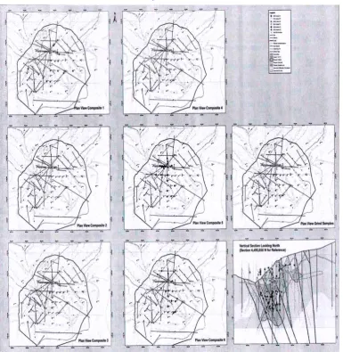 Fig. 3.  Places and intervals of core material sampling of six technological samples taken from 234 points (intervals) of 44 drill holes 1