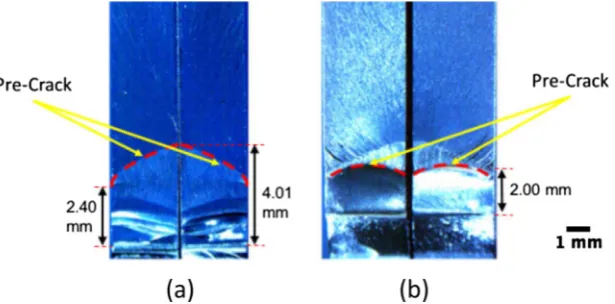 Fig. 8. An image of a specimen pre-crack generated with (a) pre-crack razor blade rig and (b) the new T-clamp method.