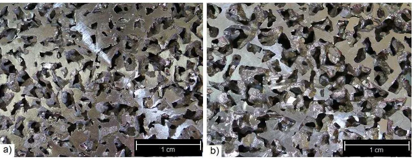 Fig. 6. Cross section of the produced foams showing the open-cell pore morphology of: a) pure 