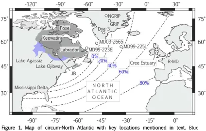 Figure 1. Map of circum-North Atlantic with key locations mentioned in text. Blue and dark grey shading indicates the approximate extent of Laurentide Ice Sheet and proglacial lakes Agassiz and Ojibway at ~8900 cal yr BP (after Dyke, 2004)