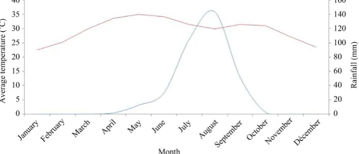 Figure 2. Monthly average temperature trends from 1983 to 2013 (red line) and monthly average rainfall from 1939 to 2013 (blue line)