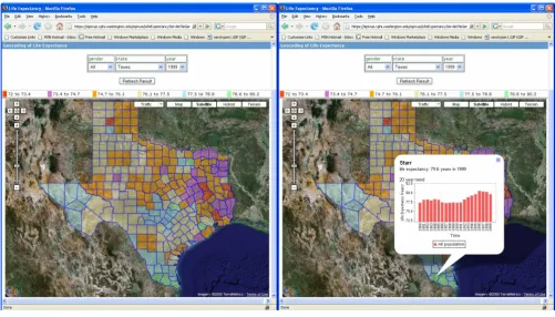 Figure 7Left panel shows a Google Maps™ mashup with the life expectancy in 1999 for all genders in 254 Texas countiesLeft panel shows a Google Maps™ mashup with the life expectancy in 1999 for all genders in 254 Texas counties