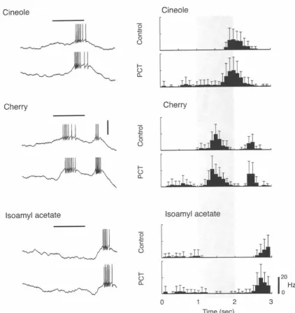 Figure 6. PN odor tuning in slow temporal patterns persists s; in PCT. Responses of a single PN to three different odors, before (control) and after (PCT) picrotoxin application