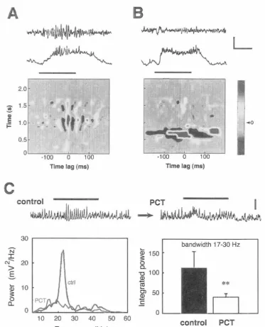 Figure 8. Local intemeuron oscillatory odor response Calibrations a significant (p<0.000 l) decrease control (blue line, depolarization, odor-evoked transient synchronization (average greatly decreased mean±STD summed power between 17-30 Htrace) and LN (bo