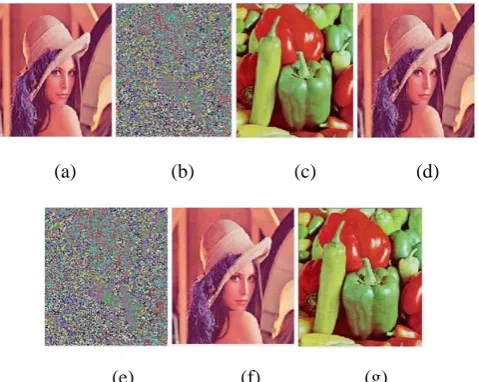 Fig. 4: (a) Original Lena Image (b) Its Encrypted version (c) Message Image to be hide (d) Stego Image containing Original, Encrypted and Message Image (e) Extracted Encrypted Image from Stego Image (f) Extracted Cover Image (g) Extracted Message Image 