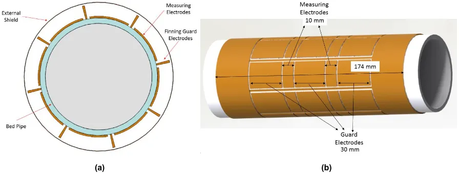 Figure 3. (a): 2D cross-sectional schematic diagram of ECT sensor; (b): 3D  and the dimensions for measuring electrodes and driven guard electrodes 