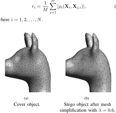 Fig. 1.Applying surface simplication on the cover object in order to testcover-source mismatch paradigm in 3D steganalyzers.