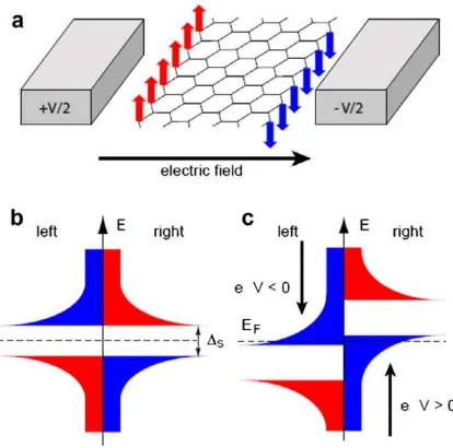 Figure  6.  Scheme  of  electric‐field‐induced  half‐metallicity  in  ZGNR.  (a)  Electric  field  is  applied 