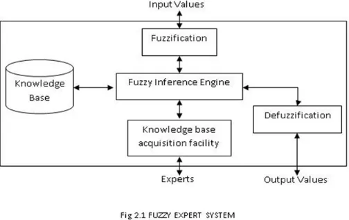 Fig 2.1. In the components of fuzzy expert system, the The components of fuzzy expert system are illustrated in knowledge base used for the storage of all relevant information like data statics, rules that govern the data, different cases, and their relati