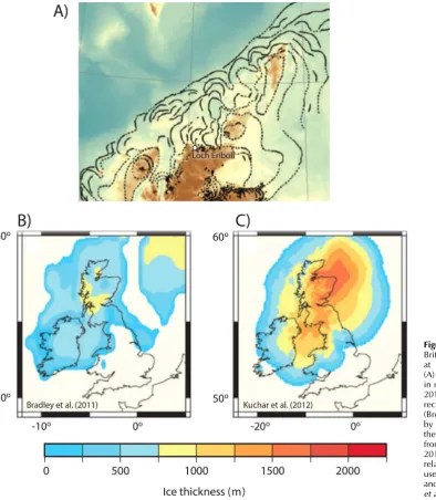Figure 1.Ice sheet history the20 k cal a BP, which best ﬁts therelativeused in Kucharand C are modiﬁed from Kucharet alby Bradleythe minimal BIIS reconstructionfrom HubbardBritish and Irish Ice Sheet (BIIS)at the Last Glacial Maximum:(A) moraines of the BI