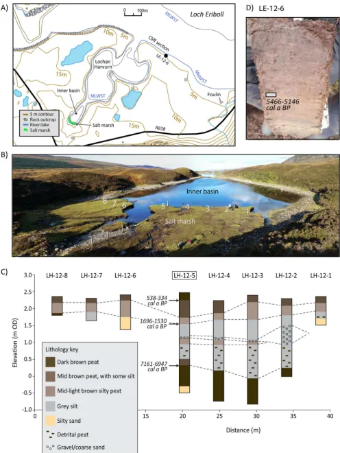 Figure 4.The Lochan Harvurn study site: (A) location map, (B) Lochan Harvurn (inner tidal basin) salt marsh core locations, (C) Lochan Harvurnsalt marsh lithostratigraphy and (D) photograph of mid-Holocene salt marsh deposits sampled immediately below the present beach at LE-12-6.
