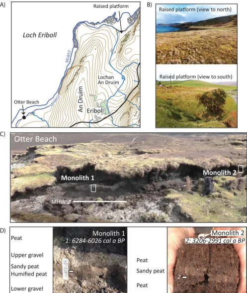Figure 5.The An Druim study site: (A) location map, (B) the raised terrace below Eriboll Lodge, (C) Otter Beach stratigraphic section (An Druimis the hill in the background) and (D) the lithology of Monolith 1 and 2, Otter Beach.