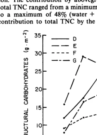 Fig. 6. Total nonstructural carbohydrates (TNC, g * m -2) in the below- ground-root compartment from control -, water --, nitrogen ----, and water + nitrogen - -.- treatments during 1973 growing season