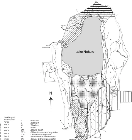 Figure 1. Map of Lake Nakuru National Park showing the location of study sites.  