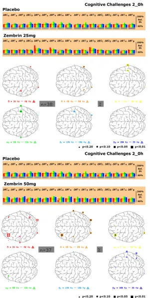 Figure 7. Local changes of spectral power with respect to all frequency ranges in the presence of 25.0 mg (upper image) or 50.0 mg of Zembrin® (lower image) during consecutive performance of all cognitive challenges