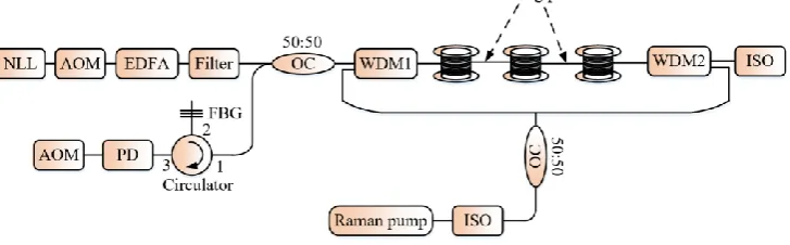 Figure 6. Experimental system of a Φ-OTDR system assisted with Raman amplification. WDM: wavelength division multiplexing, FBG: fiber Bragg grating filter