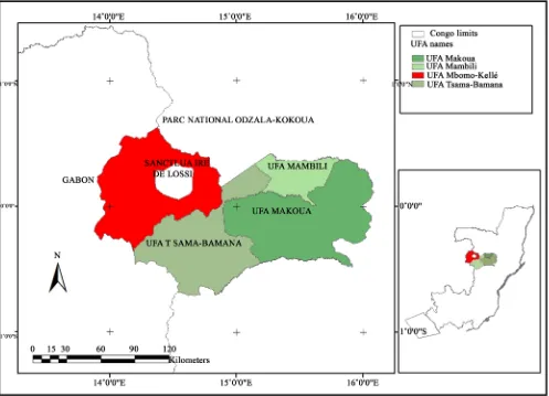 Figure 1. Map of limits and geography situation of Mbomo-Kellé UFA.  