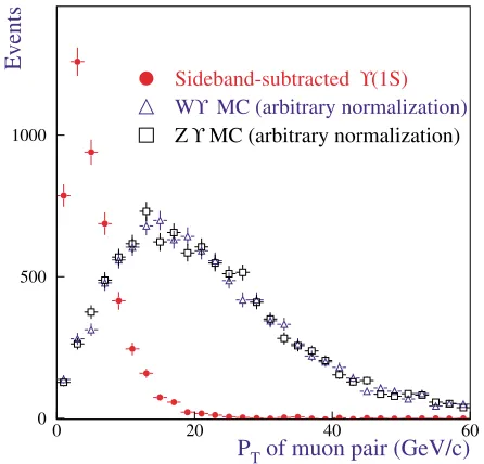 FIG. 2 (color online).Transverse momentum of background-tosubtracted ��1S� candidates in the data (full circles) compared ��1S� mesons from the SM simulation of ��1S�W� and��1S�Z0 production (empty triangles and squares), with arbi-trary normalization.