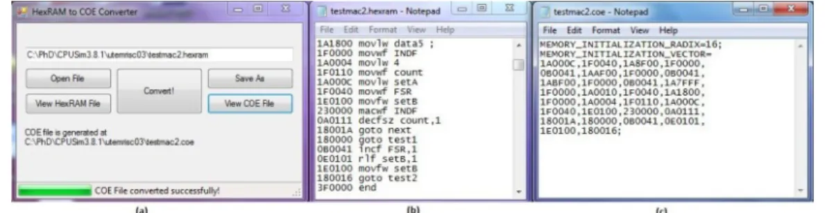 Fig. 3: (a) Graphic Interface of UTeMRISC03 Assembler (b) Sample of Test Program (c) The Coefficient File’s               Format 