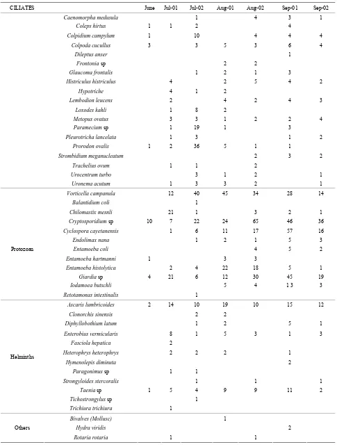 Table 4. Dynamics of ciliated protozoa and intestinal pathogens in the Danube River Basin
