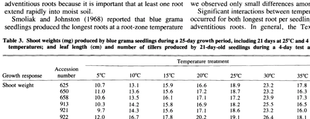 Table 3. Shoot weights (mg) produced by blue grama seedlings during a 25day growth period, including 21 days at 25°C and 4 days at one of the seven temperatures; and leaf length (cm) and number of tillers produced by 21-day-old seedlings during a 4-day tes
